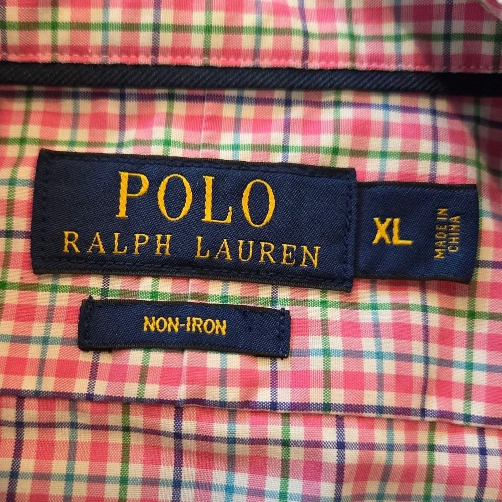 Polo Ralph Lauren Mens XL Slim Fit Non-Iron Plaid Button Down Shirt Pink Green